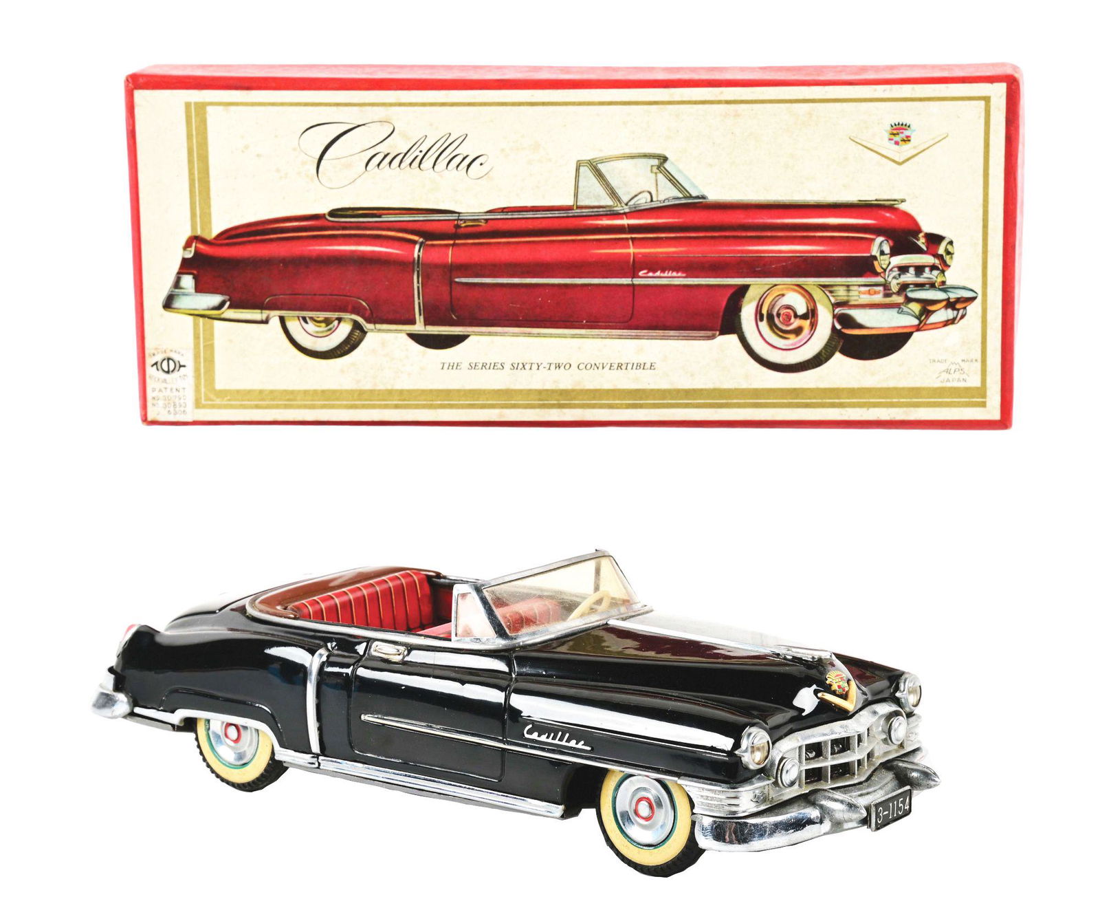 JAPANESE TIN LITHO FRICTION ALPS BLACK 1952 CADILLAC CONVERTIBLE. (1 of 3)
