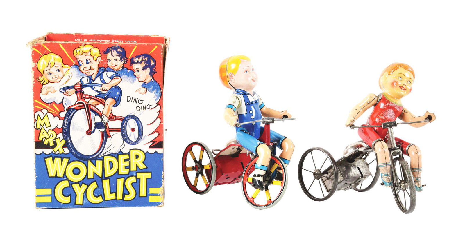 LOT OF 2: MARX AND UNIQUE ART TIN LITHO WIND-UP WONDER CYCLISTS. (1 of 3)