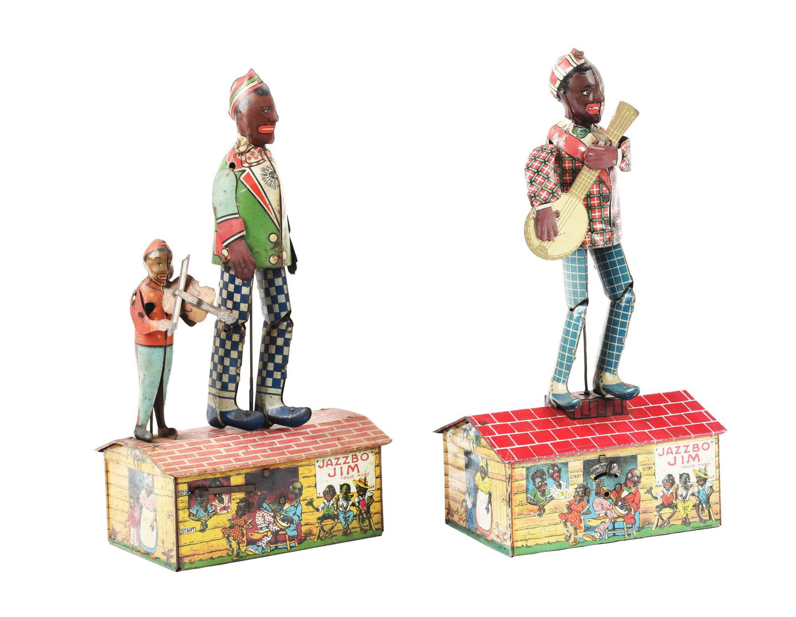 LOT OF 2: UNIQUE ART TIN LITHO WIND-UP ROOF DANCING TOYS. (1 of 4)