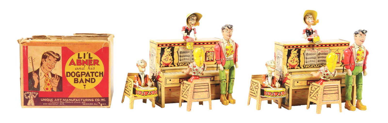 LOT OF 2: UNIQUE ART TIN LITHO WIND-UP LI'L ABNER DOGPATCH BANDS. (1 of 4)