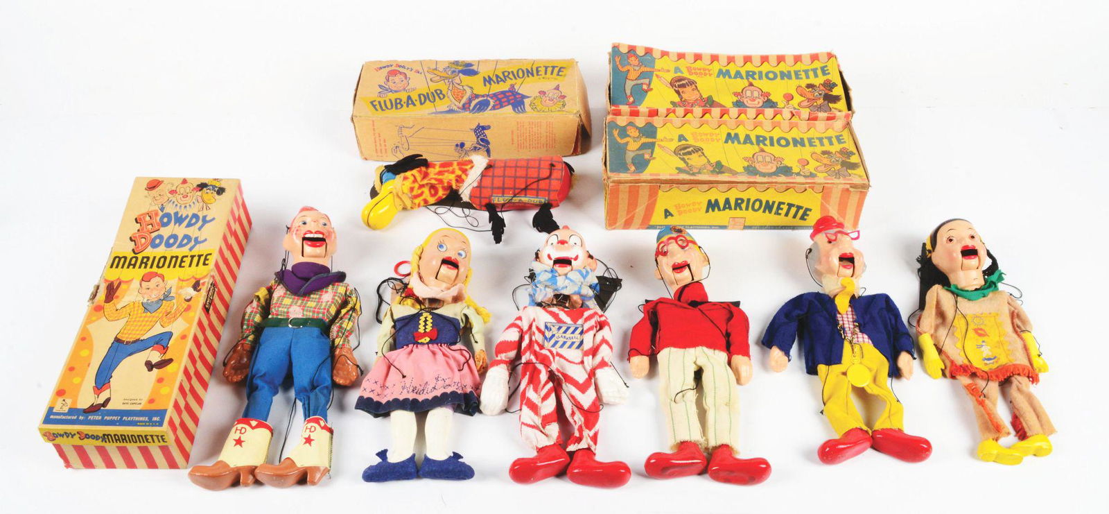 LOT OF 7: BOXED AND UNBOXED PETER PUPPET PLAYTHINGS HOWDY DOODY MARIONETTES. (1 of 2)