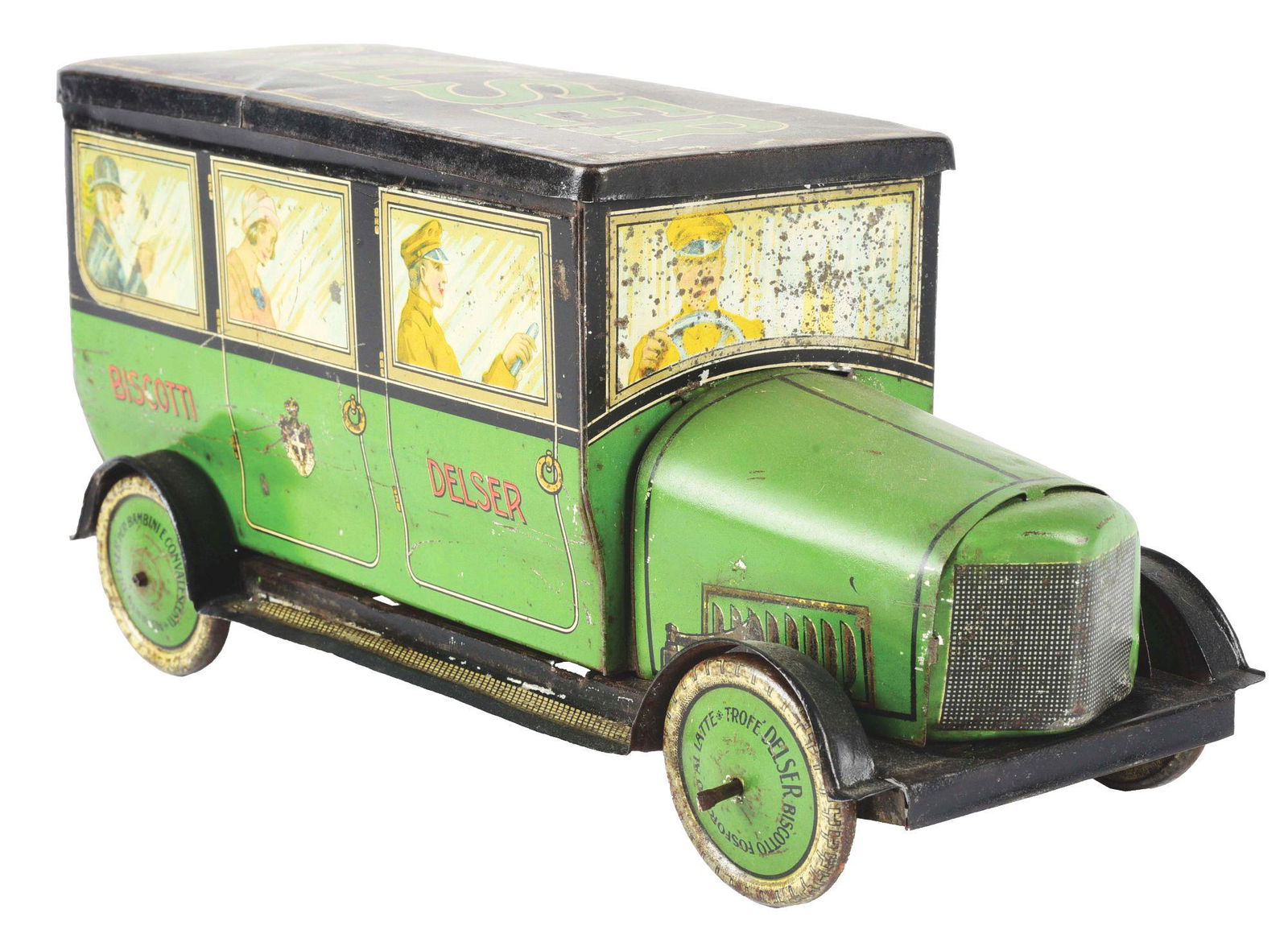 DELSER ITALIAN BISCUIT TIN IN FORM OF GREEN LIMOUSINE. (1 of 4)