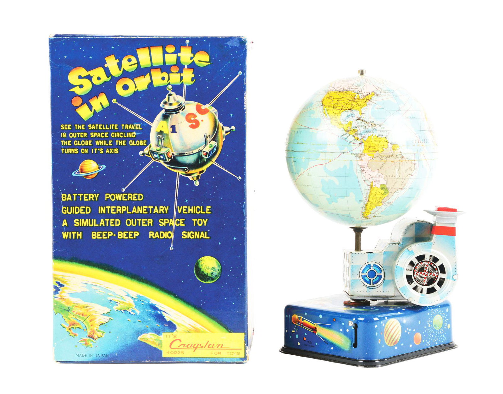 JAPANESE TIN LITHO BATTERY OPERATED SATELLITE IN ORBIT.: Japanese tin litho battery operated satellite in orbit. Very colorful original box with great graphics. Marketed by Cragstan. Box has cardboard insert and original styrofoam ball. Made by Horikawa Jap