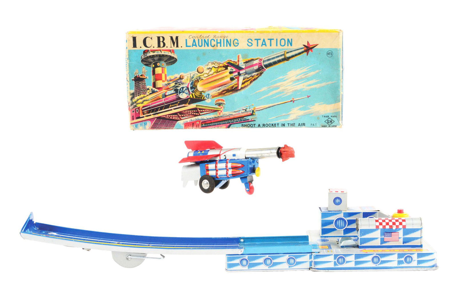 JAPANESE TIN LITHO I.C.B.M LAUNCHING STATION.: Japanese tin litho I.C.B.M launching station. Colorful original box. Have some slight creasing and staining but displays well. Made in by S.H Harokawa Japan. Includes original projectile and rubber ti
