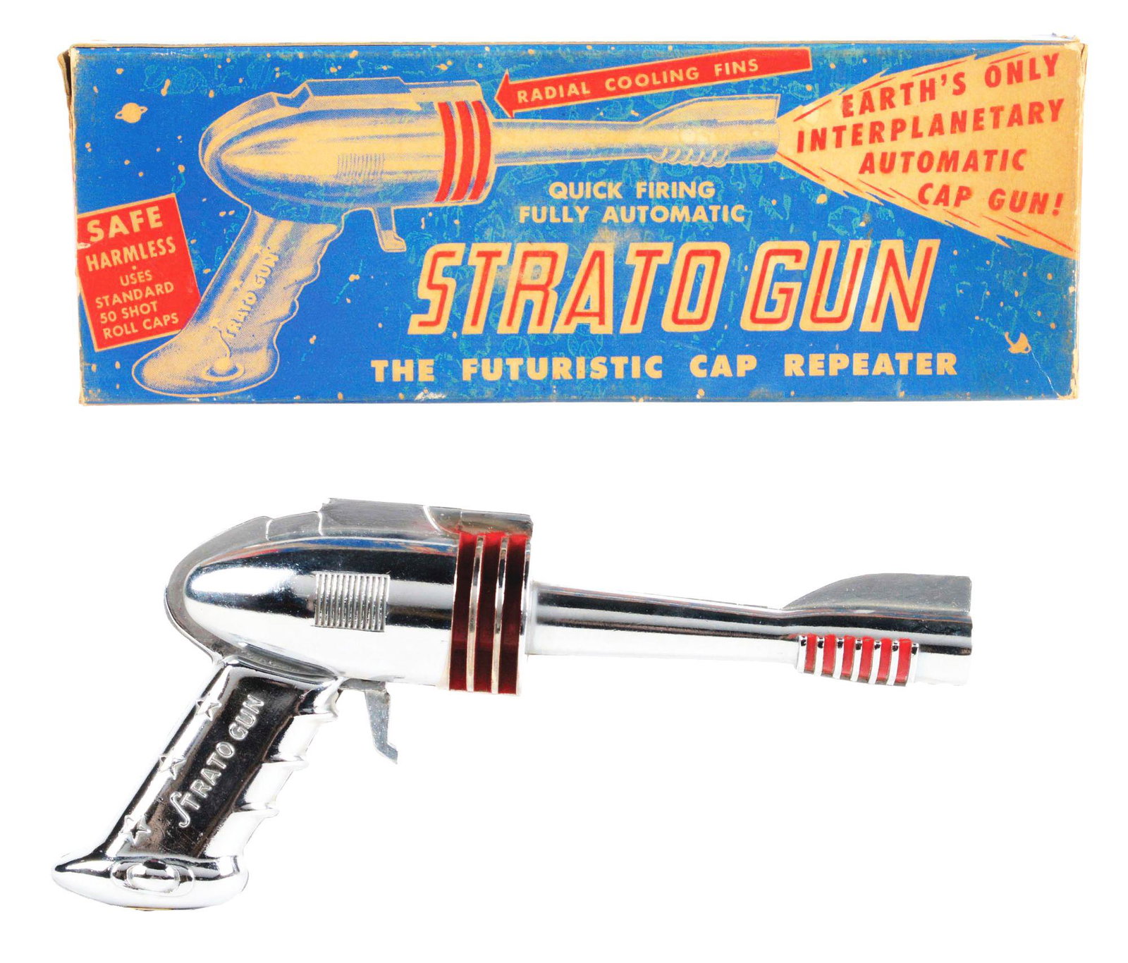 DIECAST STRATO RAY-GUN IN ORIGINAL BOX.: Diecast strato ray-gun in original box. Made by the Futuristic Products Company. Nice crisp colorful box. Missing one inside flap of box. Gun has nice chrome look and embossed strato on both sides of 