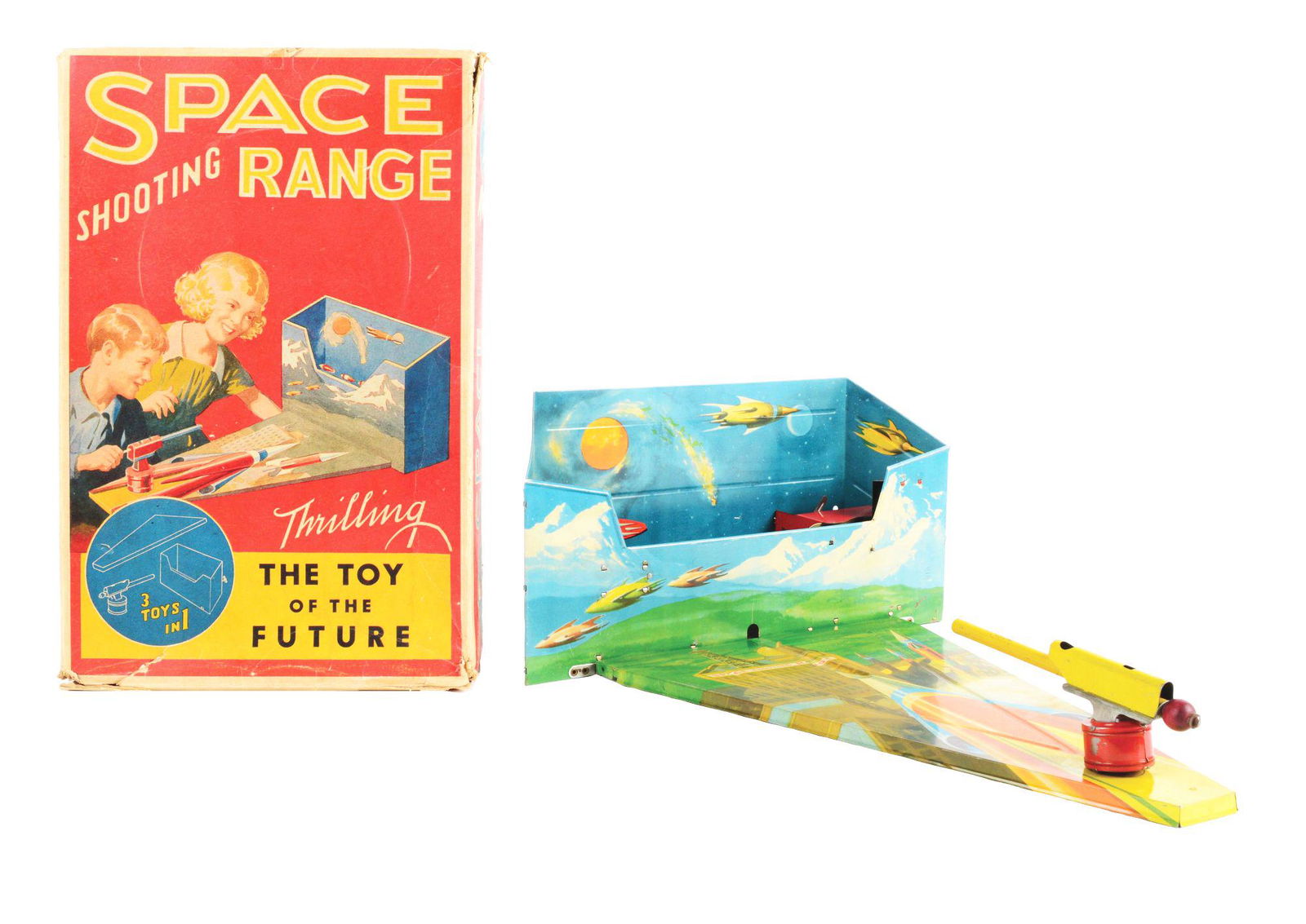 AUTOMATIC TOY WORKS TIN LITHO WIND-UP SPACE SHOOTING RANGE. (1 of 4)