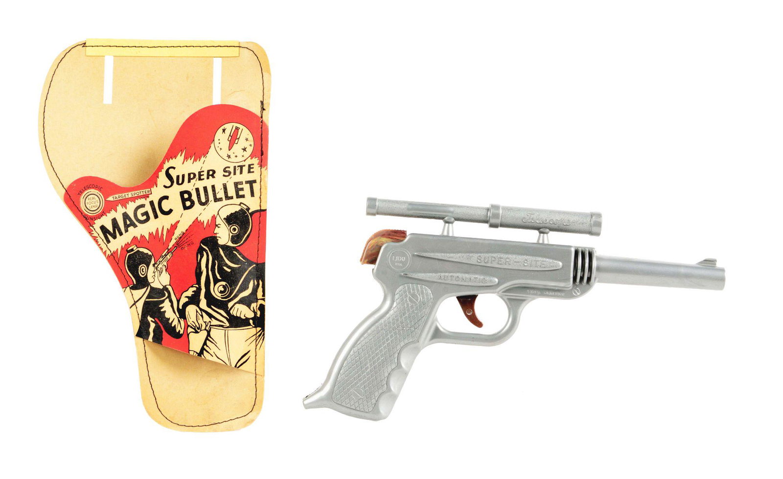 AMERICAN MADE LIDO PLASTIC SPACE GUN.: American made Lido plastic space gun. Scarce cardboard holster with nice depiction of space men. Holster made and printed by 20th century products NYC. Gun is marked Super-Site Automatic. Top site is 