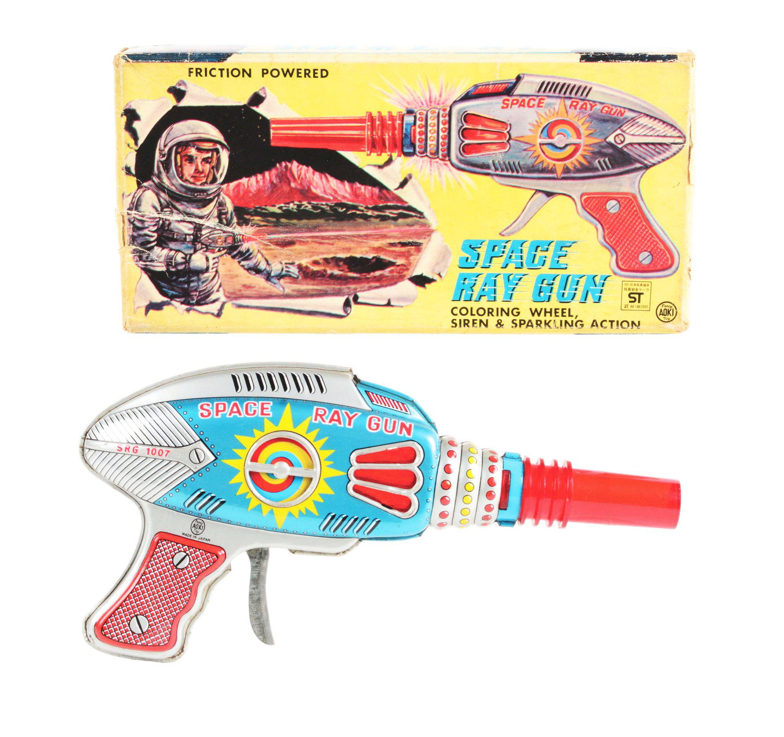 JAPANESE TIN LITHO FRICTION SPACE RAY GUN.: Japanese tin litho friction space ray gun. Includes original box, rare variation, with great colored graphics. Made by Aoki Japan. Box has some creasing and tearing but displays well. Gun has beautifu