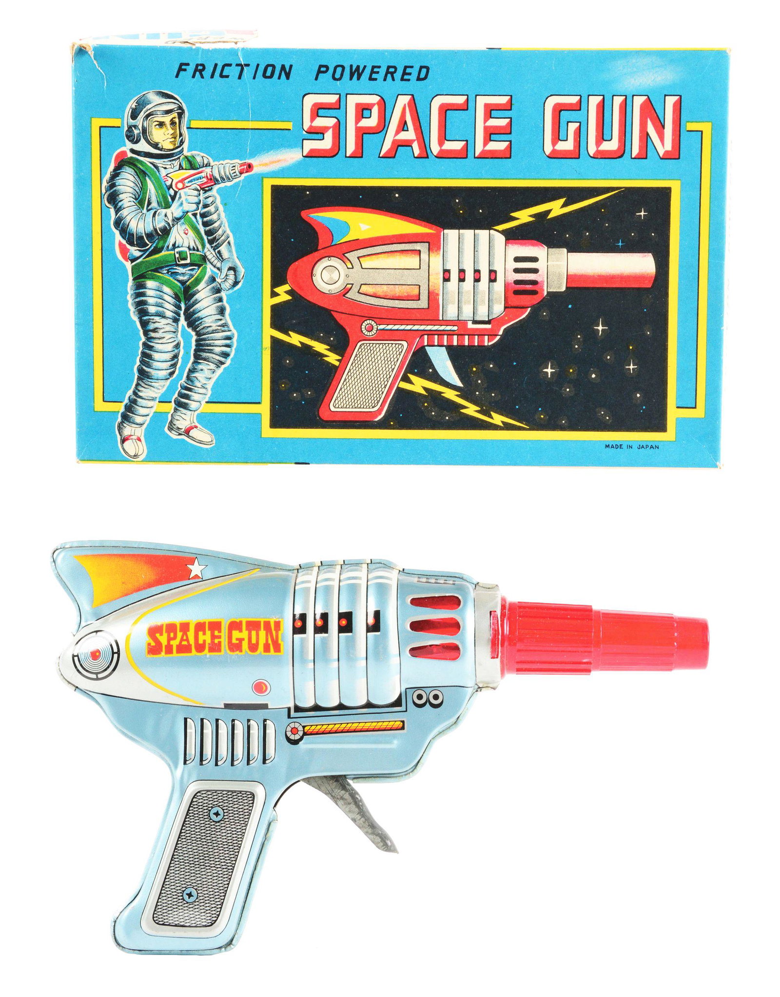 JAPANESE TIN LITHO FRICTION SPACE GUN IN ORIGINAL BOX.: Japanese tin litho friction space gun in original box. Box has nice colored graphics of gun and of astronaut firing gun. One or Two small tears to box but displays well. Gun has cardboard barrel inser