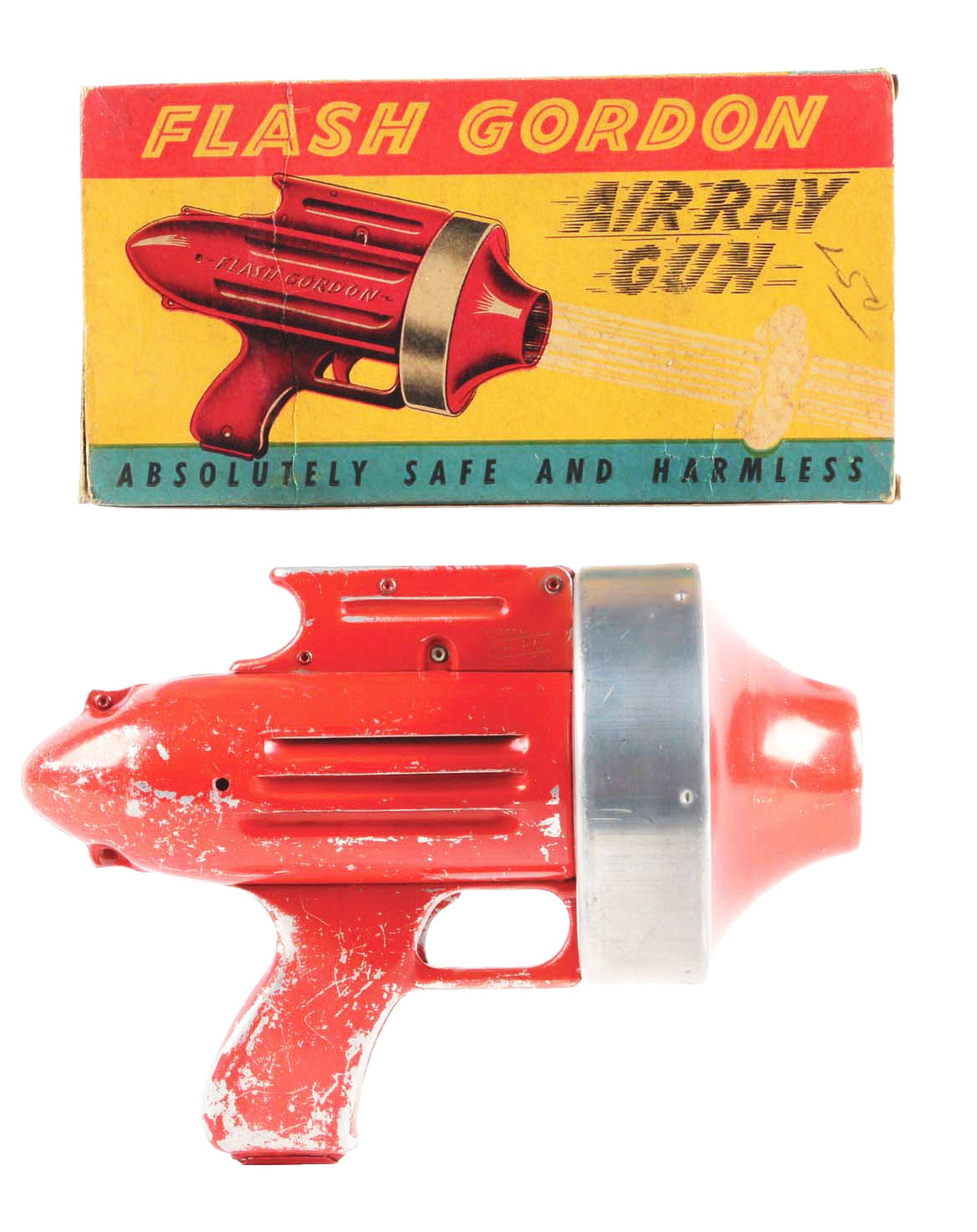 BUDSON FLASH GORDON AIR RAY GUN IN ORIGINAL BOX.: Budson flash Gordon air ray gun in original box. box is very colorful showing depictions of Flash and Dale. Box is complete but has some overall creasing and wear. Gun is all metal with unusual air pu