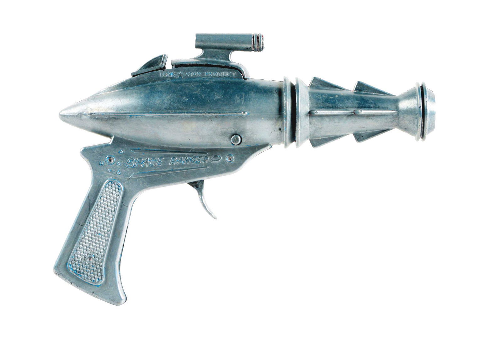 ENGLISH DIECAST LONE STAR SPACE RANGER PISTOL.: English diecast lone star space ranger pistol. Shoots caps. Marked lone star product and space ranger on both sides of gun. Has seen some use. Condition: (Very Good). Dimensions: 7 - 1/2" x 5 - 3/4" x