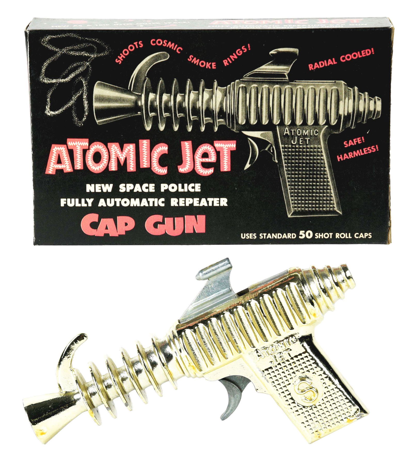 DIECAST ATOMIC JET SPACE POLICE PISTOL.: Diecast atomic jet space police pistol with extremely rare crisp original box. This space pistol and box could be the best example own. Made by J & S Stevens. Cap gun. Nice gold finish. Condition: (Ex