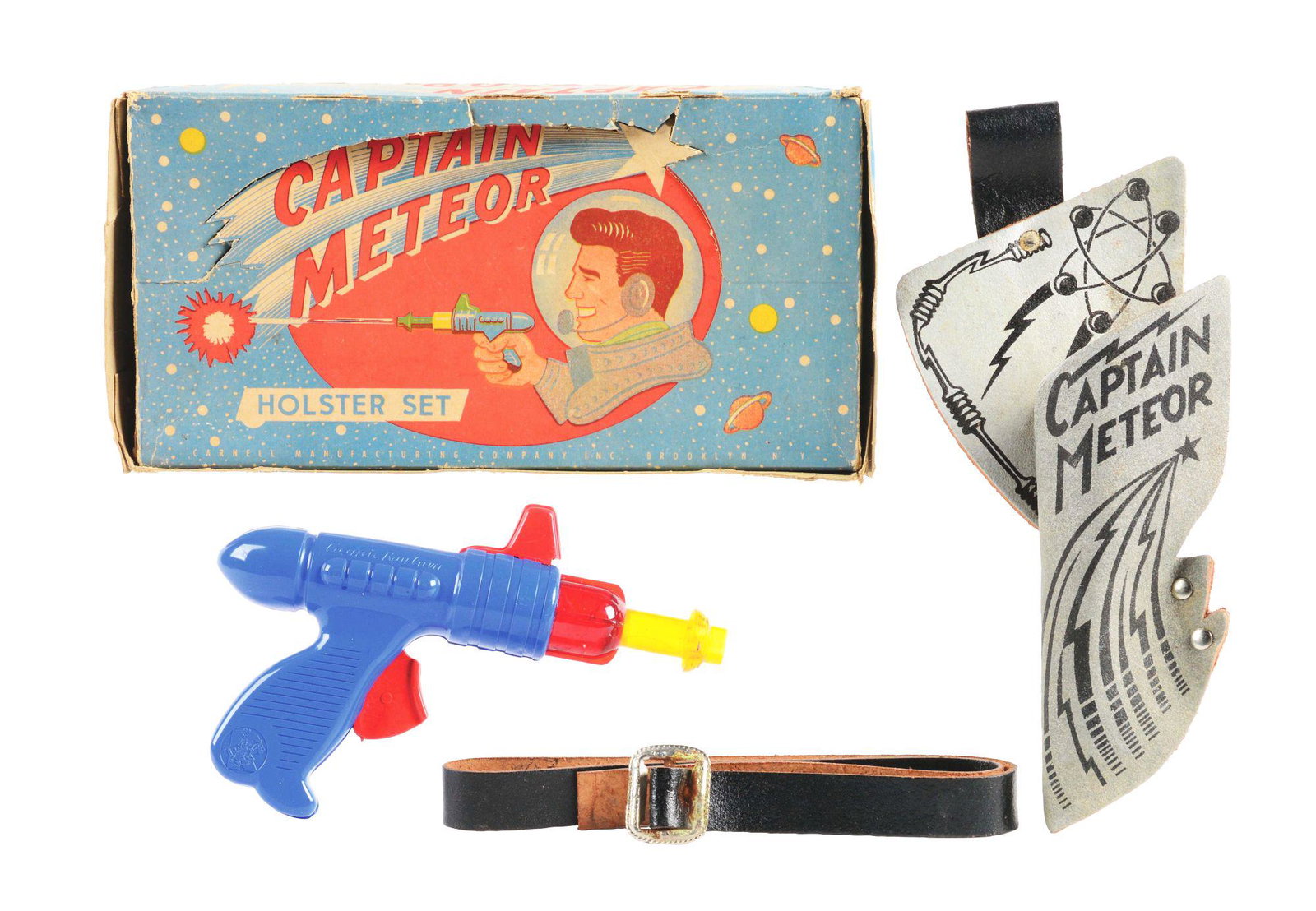 CAPTAIN METEOR PLASTIC RAY-GUN AND HOLSTER SET IN ORIGINAL BOX.: Captain meteor plastic ray-gun and holster set in original box. Nice flip up lid with great graphics of space men shooting ray-gun. Gun is marked cosmic ray gun on both sides and captain meteor on hol