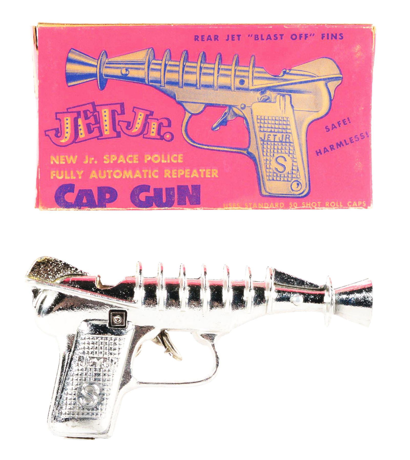 J & E STEVENS. METAL JET JR. SPACE CAP GUN.: J & E Stevens. Metal Jet Jr. space cap gun. Includes original box which shows picture of gun on both sides. Box has one inside flap missing. Gun is very shiny and shows almost no wear. Embossed "S" in
