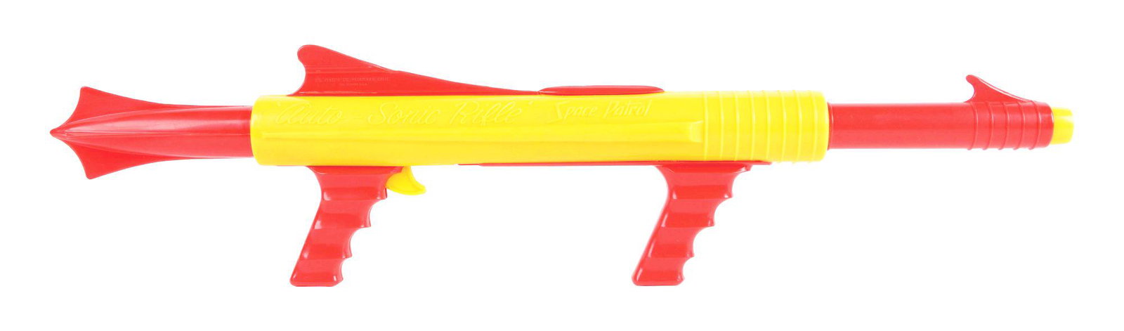 US PLASTIC COMPANY AUTO SONIC SPACE PATROL RIFLE.: US plastic company auto sonic space patrol rifle. Works via front grip slide action but inoperable at the moment. Marked US Plastics Company California on top fin. Condition: (Very Good - Excellent). 