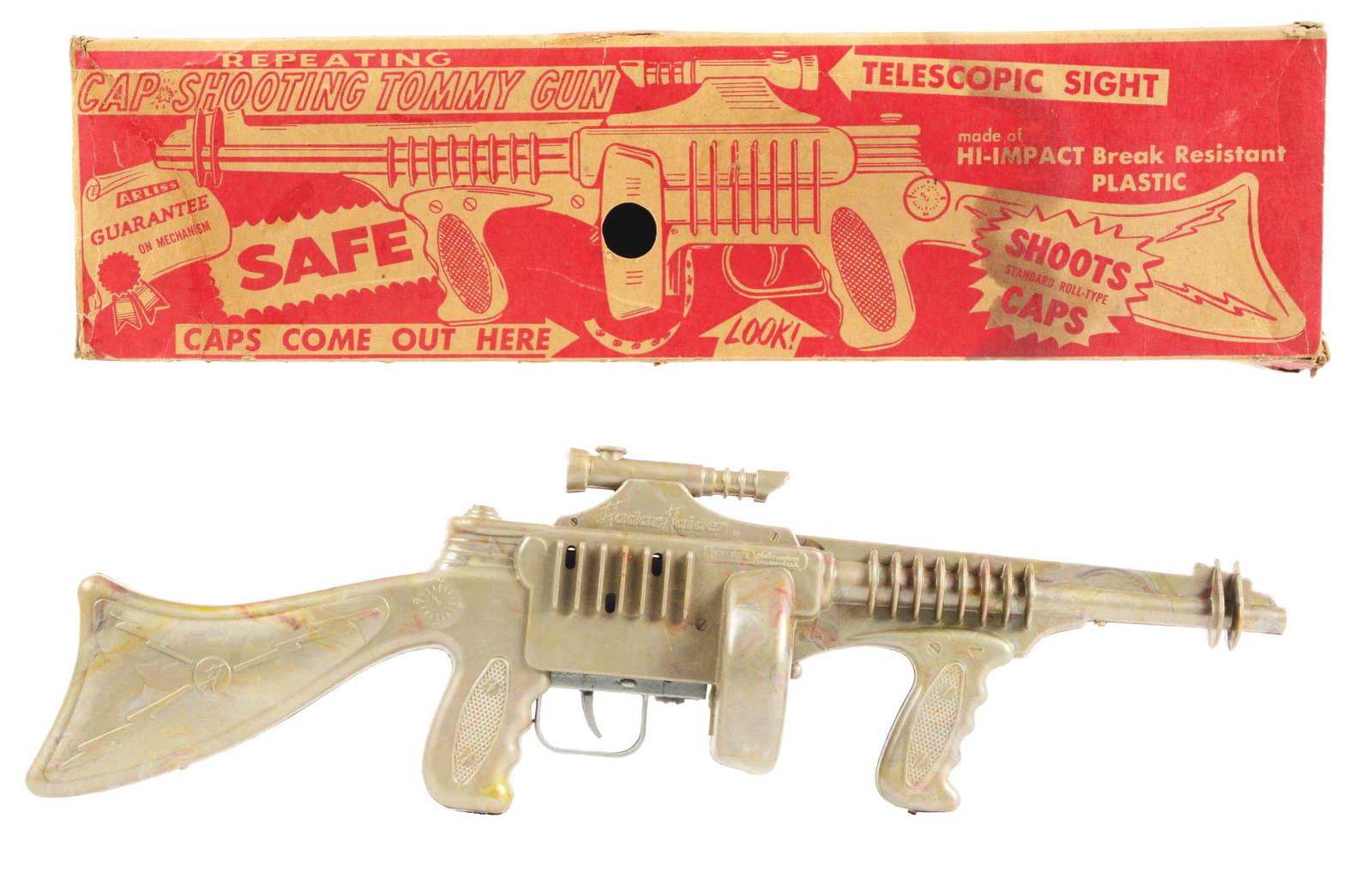 PLASTIC RADAR RAIDER SPACE MACHINE GUN TOY IN ORIGINAL BOX.: Plastic radar raider space machine gun toy in original box. Made by Arliss Company. Box is complete except for one end flap tab. Shoots caps. Tommy Gun type rifle with space motif. Gun is marked Premi