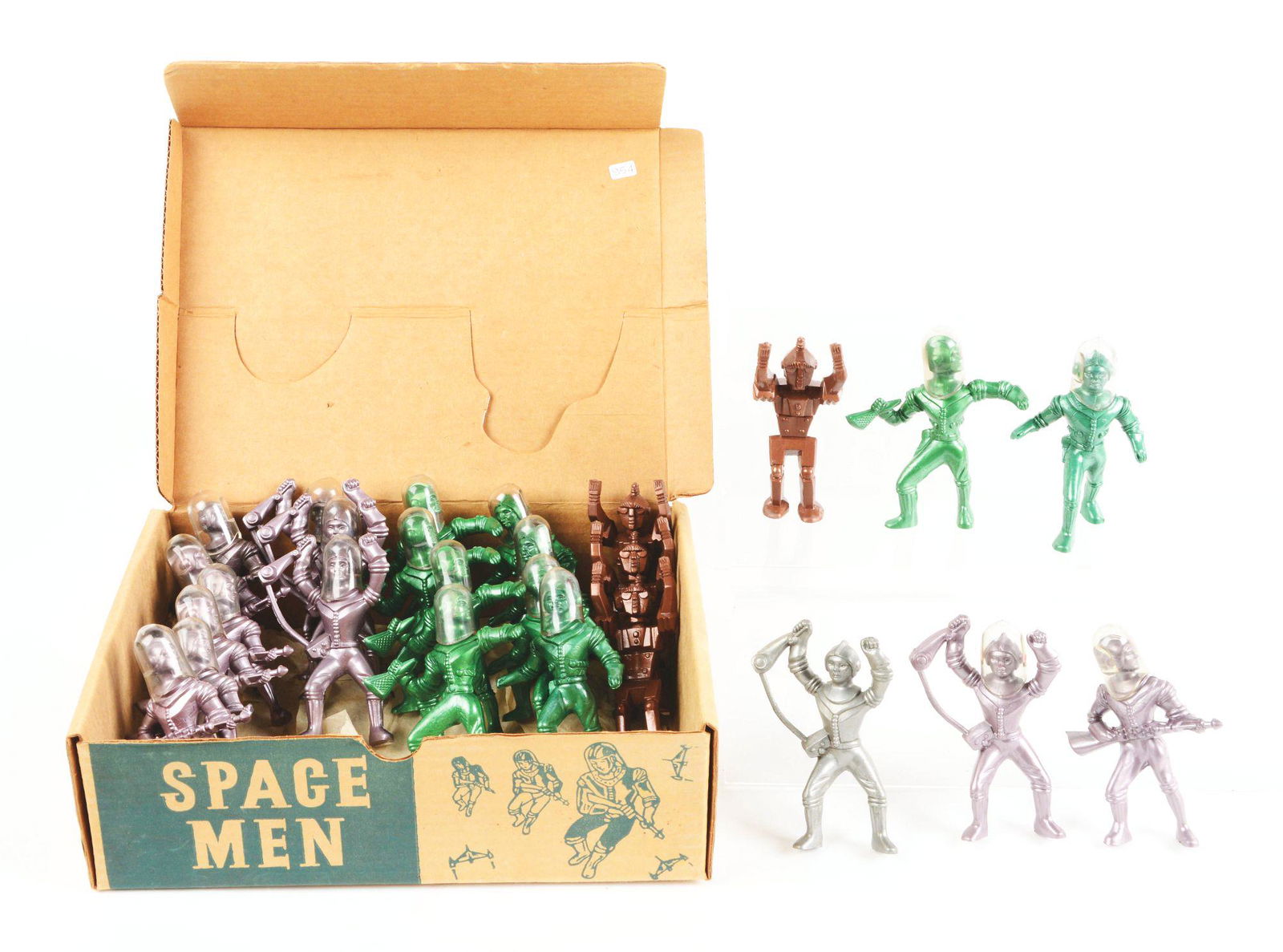 STORE DISPLAY BOX OF ARCHER PLASTIC SPACE MEN AND ROBOTS.: Store display box of Archer plastic space men and robots. Flip up lid includes 11 purple space men with helmets, 10 green space men with helmets, an unusual silver space man holding a space communicat