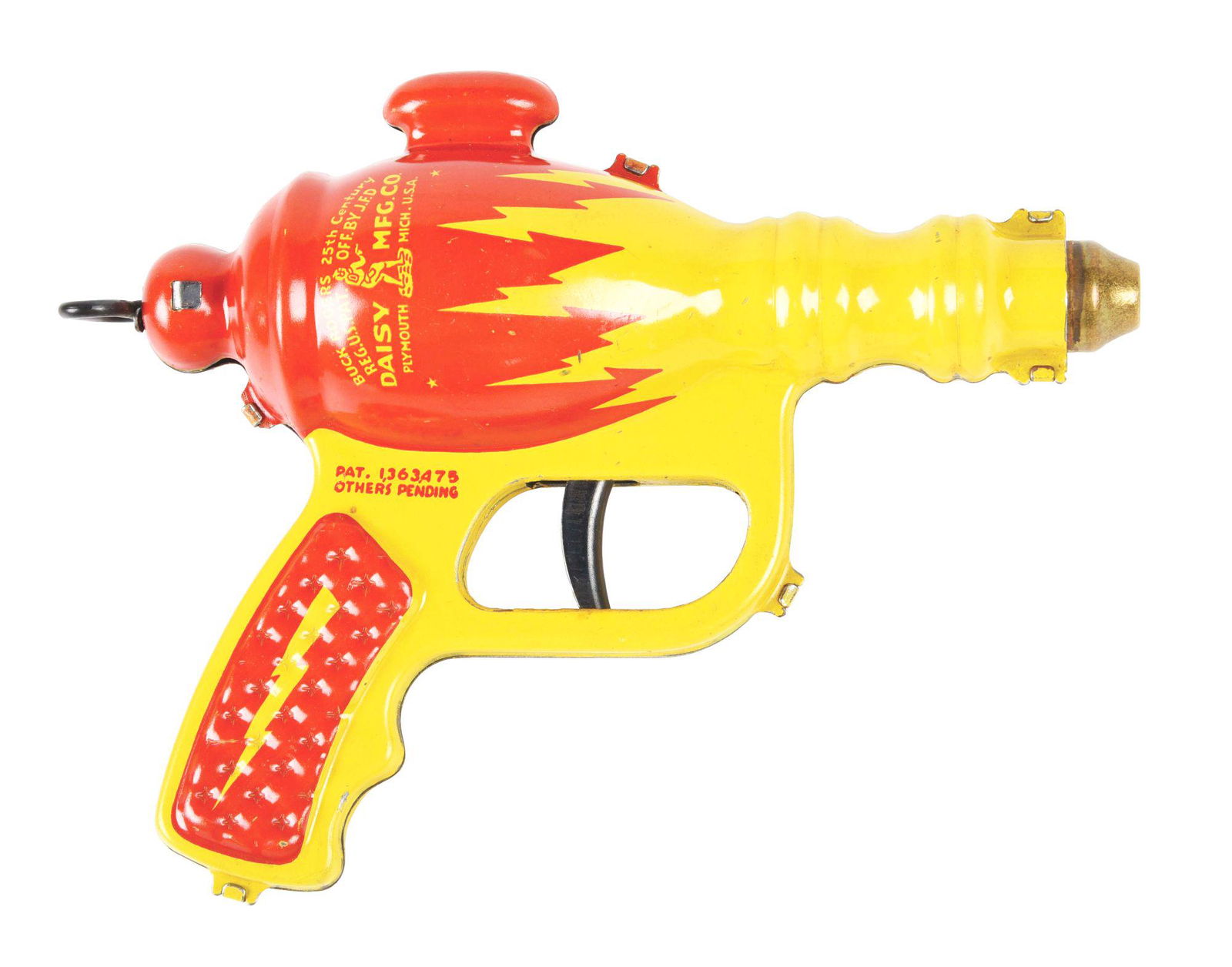 DAISY BUCK ROGERS LIQUID HELIUM WATER PISTOL.: Pre-War. Very colorful. Marked Buck Rogers 25th Century Daisy, Plymouth, Michigan. Has front piece, slight wear but overall excellent to near mint condition. Condition: (Excellent - Near Mint). Dimens