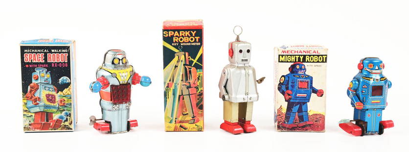 LOT OF 3: JAPANESE TIN LITHO AND PLASTIC WIND-UP ROBOT TOYS.: All in original boxes. 1) Su Mighty Robot, better blue litho variation. Has plastic rollers on the bottom and then plastic key-wind piece. 2) RX-008 Mechanical walking space robot made by N-Japan. Mar