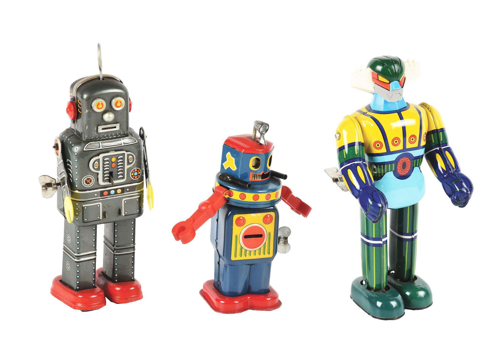 LOT OF 3: JAPANESE TIN LITHO ROBOT AND SUPERHERO TOYS. (1 of 4)