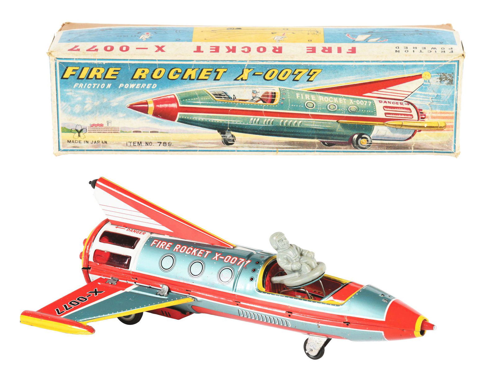 JAPANESE TIN LITHO FRICTION POWERED FIRE ROCKET X-0077 SPACE VEHICLE. (1 of 3)