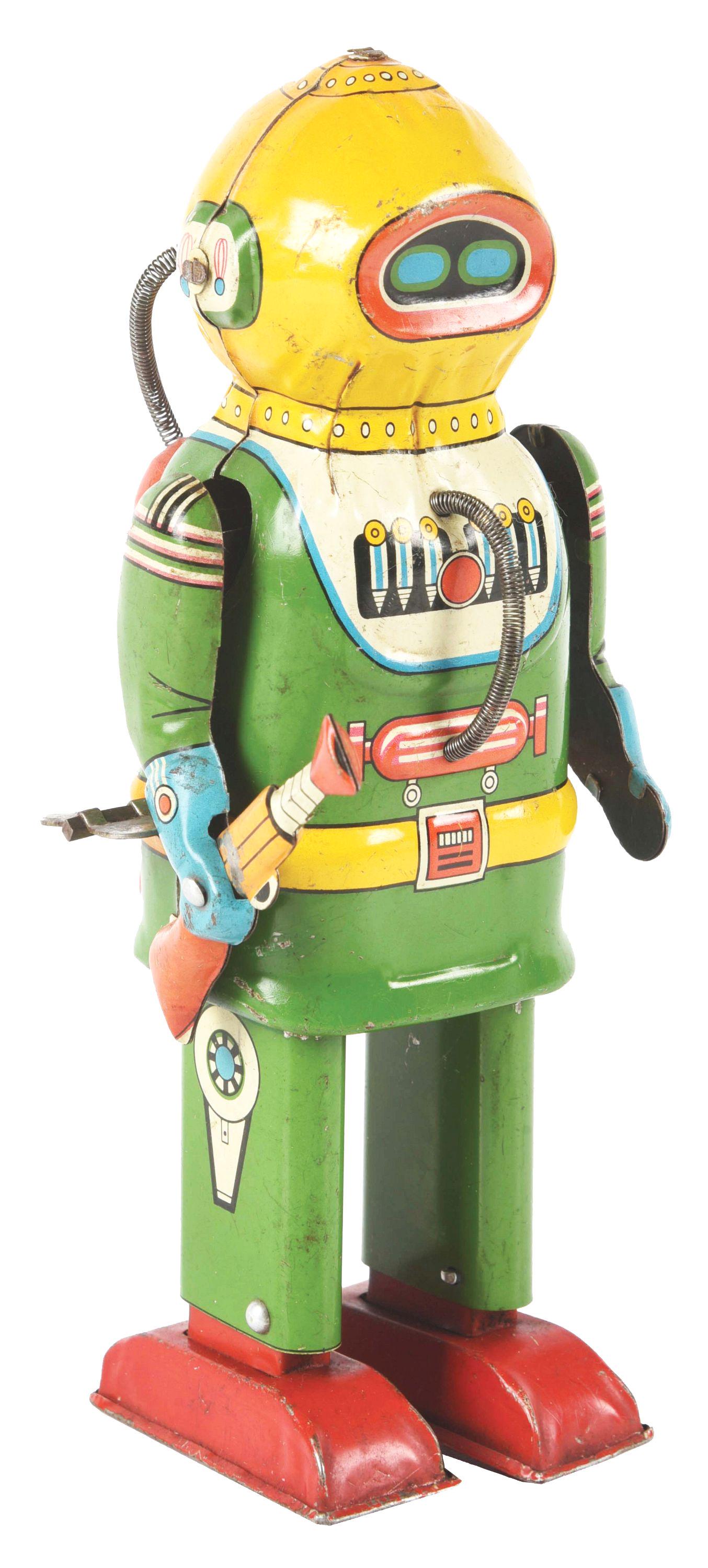 JAPANESE TIN LITHO INTERPLANETARY EXPLORER ROBOT.: Original gun. Made by Naito Shoten. All original including metal cords. Something is lost where gun top meets hand. Some general moderate scratching and wear. Marked AN Japan on back oxygen tanks. Con