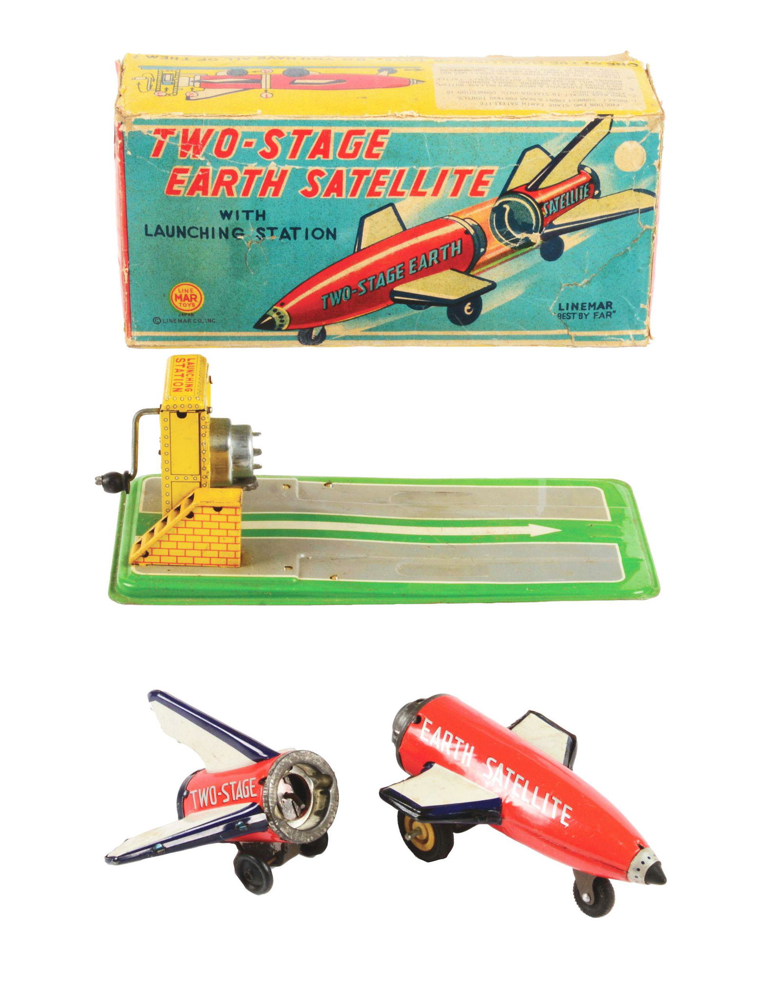 JAPANESE LINEMAR TIN LITHO TWO-STAGE EARTH SATELLITE WITH LAUNCHING STATION. (1 of 3)