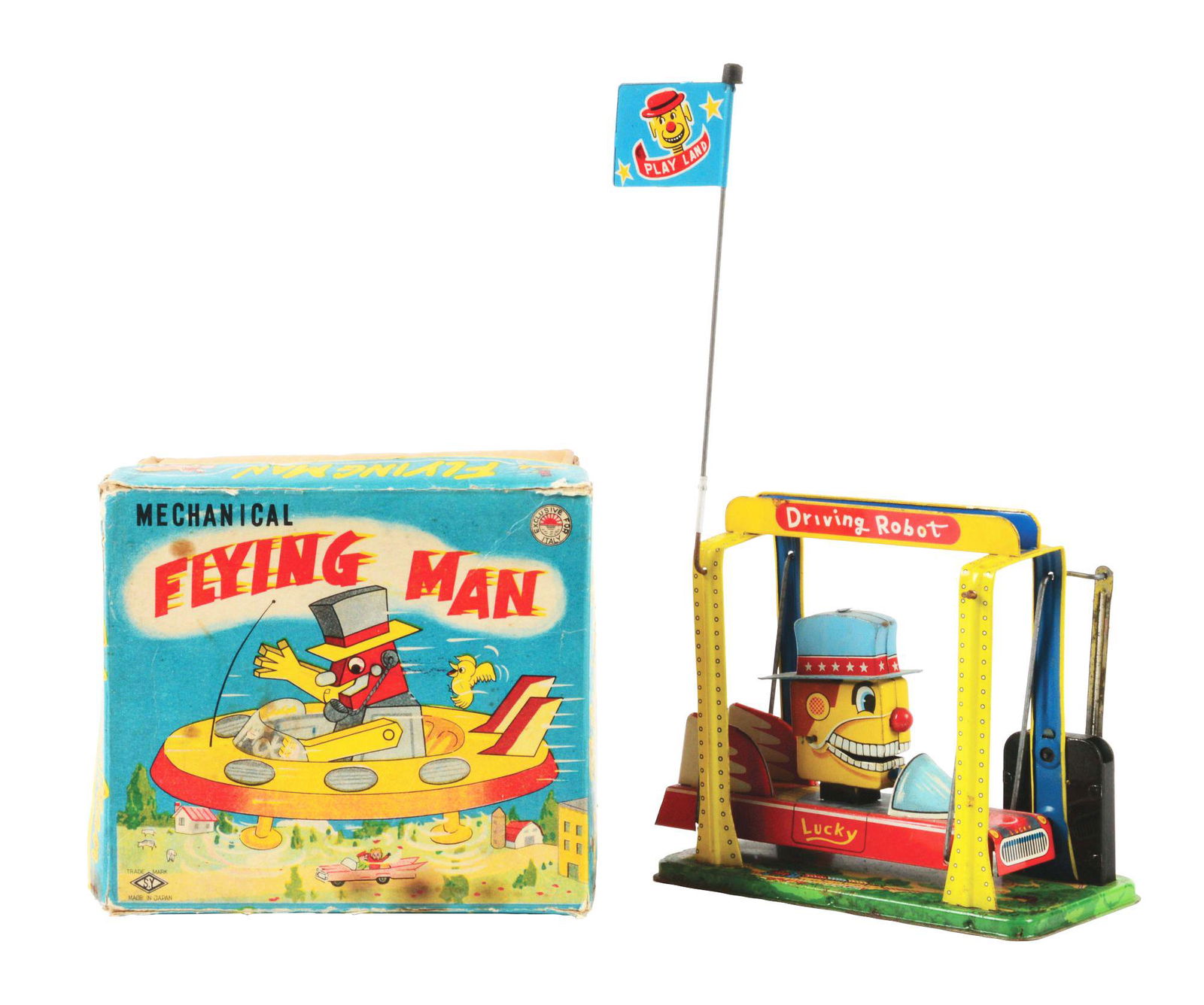 JAPANESE TIN LITHO WIND-UP SY FLYING MAN DRIVING ROBOT TOY. (1 of 4)
