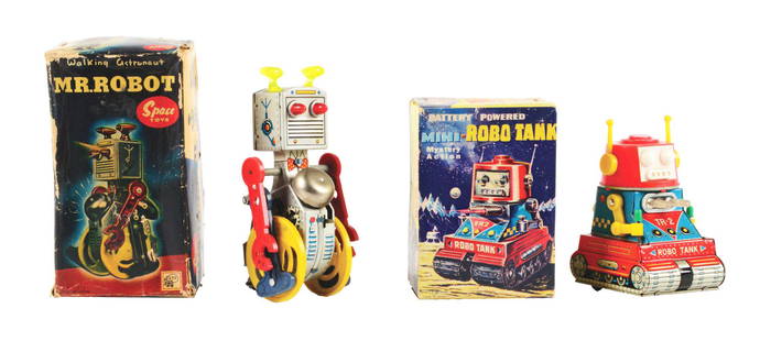 LOT OF 2: JAPANESE TIN LITHO AND PLASTIC WIND-UP AND BATTERY-OPERATED ROBOT TOYS.: Both in original boxes. One is a battery-operated Mini Robot Tank by T.N Nomura, Japan. The second is a Mr. Robot by ATC Japan. Boxes have some creasing and wear, robots have some minor to moderate