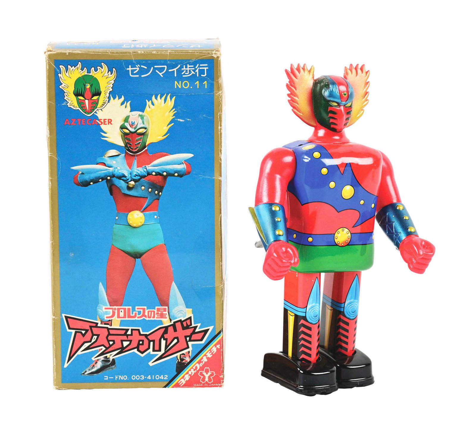 UNUSUAL AND COLORFUL ASTEKAIZER FIGURE TOY CREATED BY FAMOUS JAPANESE ANIMATOR GO NAGAI.: Tin windup, approximately 9" tall, of the Pro Westling Star circa 1976. Windup, moves legs and hands. Box included. Condition: (Near Mint). Dimensions: Box: 4 - 7/8" x 3" x 9 - 1/2".