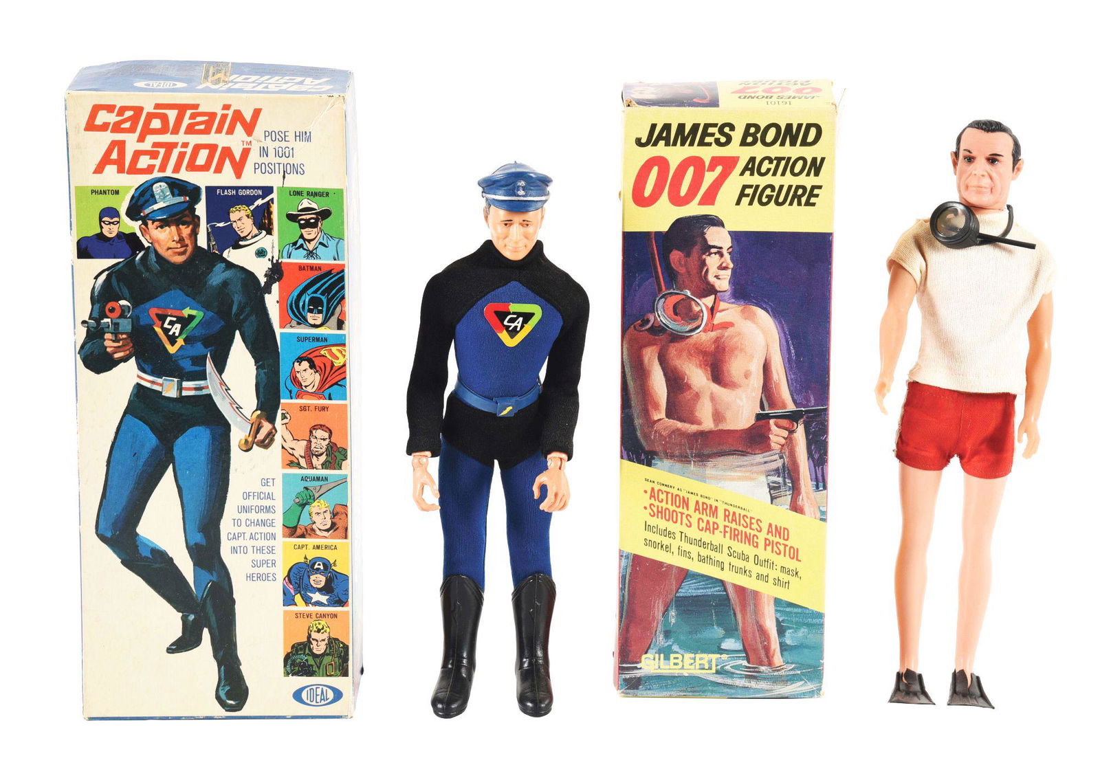 LOT OF 2: CAPTAIN ACTION AND JAMES BOND FIGURES IN ORIGINAL BOXES.: Includes James Bond 007 action figure by Gilbert, with original clothing, mask, flippers, pistol, instructions and swimsuit. Captain Action includes hat, boots, sword and pistol. Some edge wear and ta