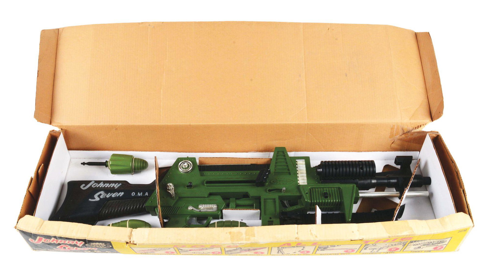 TOPPER JOHNNY SEVEN ONE MAN ARMY GUN.: Original box with original instruction sheet and a later-made insert. Looks complete including missiles and bombs, c. 1960's. Box has some creasing and some slight paper loss and wear. Condition: (Ver
