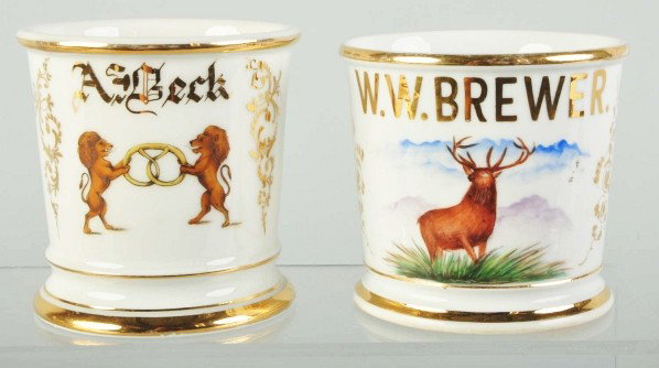 Lot of 2: Shaving Mugs.: Includes one with gilt name "W.W. Brewer" and National Barber Supply Company Cincinnati, Ohio mark on bottom. No damage noted. Also includes one pretzel maker with gilt name "A. Beck" showing two male