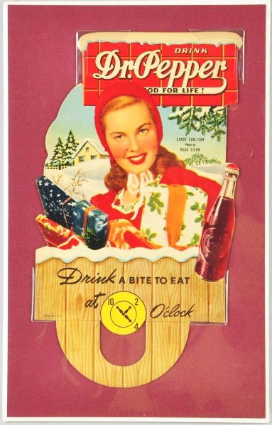 Cardboard Dr. Pepper Bottle Topper.: 1940s. Features Sandy Carleson. Only miniscule marks, wear, or soiling of any sort. Size: 8 - 1/2" T.