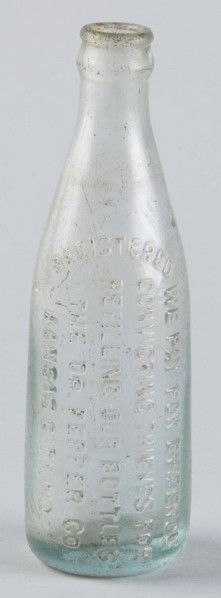 Kansas City Dr. Pepper Straight Sided Bottle.: Embossed with large letters "We pay for evidence convicting thieves for refilling our bottles". Some very mild and light stains, minor nicks, and one or two chips to top. Size: 9 - 1/2" T.