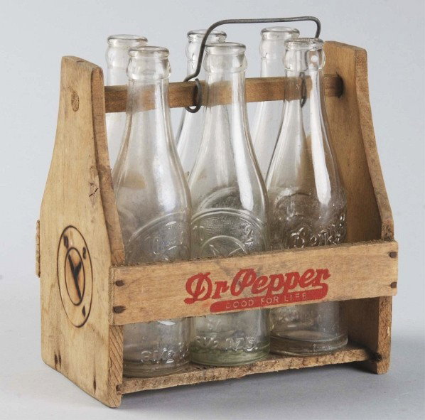 Wooden Dr. Pepper 6-pack Carrier with Bottles.: 1930s to 1940s. All bottles are nicely embossed. Strong stencil remains on carrier with only light wear and soiling. Size: 8" x 5 - 1/4".