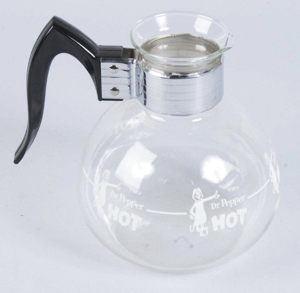 Try Dr. Pepper Hot Coffee Pot Style Dispenser.: 1960s. The logo is repeated five times around the pot. Clean and bright. Appears to have never been used. Size: 7 - 1/2" T.
