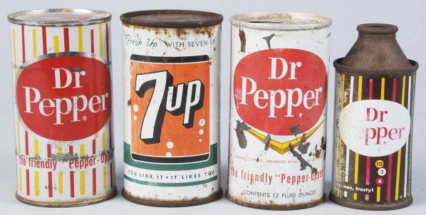 Lot of 4: Cans for Dr. Pepper & 7up.: General overall wear, rust, paint chips, a few dents, scratches, and marks. Size: Largest: 4 - 3/4" T.