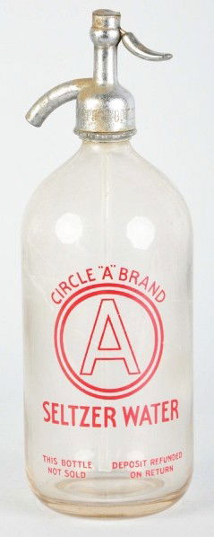 Circle A Brand Seltzer Bottle.: Top is marked "Dr. Pepper Bottling Co. Waco, TX". A good bit of pitting to the plated chrome top and interior stains to top half of bottle; otherwise, light overall wear. Size: 12" T.