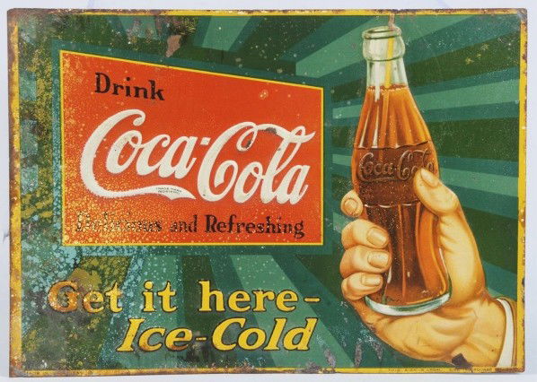 Embossed Tin Coca-Cola Sign.: 1930. Great graphics with hand and bottle. Normal minor rust, wear, and pitting (especially to left half). Enjoyable as-is or a good candidate for restoration. Size: 9 - 3/4" x 14".