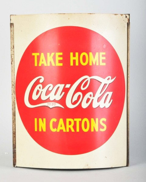 Tin Coca-Cola 2-Sided String Holder.: 1930s. One panel is very clean, bright, and strong with only some minor weakness to white while the other panel has some original paper (can be difficult to remove), minor surface rust, slight darkeni