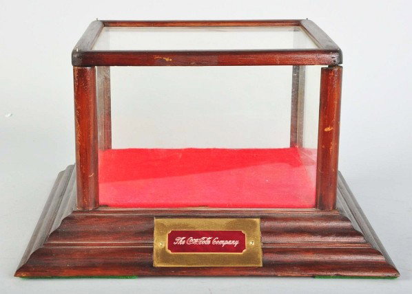 Early Small Wooden & Glass Display Case.: Has a more modern Coca-Cola Company metal engraved tag recessed on the front. This case would accommodate the display of Coke related smalls. Only light to medium overall wear. Size: 14" x 14" x 8 - 1