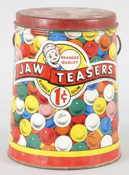 Jaw Teasers 1-Cent Bubble Gum Tin.: Early colorful bubble gum tin with handle. Minor pitting on lid, a few small dings and light rust spots on bottom. Size: 7 - 1/2" T.