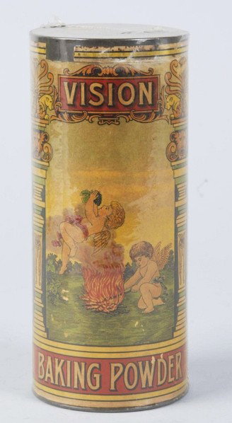 Early Paper Label Vision Baking Powder Tin.: 1lb, 9oz. size. Complete with contents and never opened. Nice, early, and delicate graphics with only light wear or soiling and a few small chips to paper near lid. Size: 7 - 1/4" T.