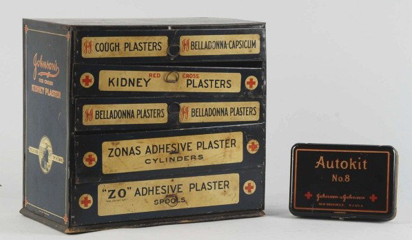 Lot of 2: Johnson & Johnson Items.: Includes 1940s no. 8 Autokit with a variety of first-aid items and appears to be mostly intact with only minor marks. Also includes a tin cabinet with five drawers (circa 1915 to 1920) that would have