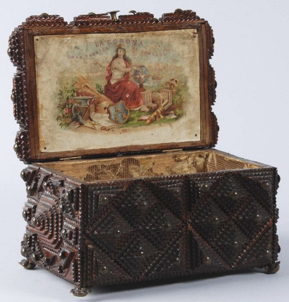 Brass Decorated La Corona Tramp Art Cigar Box.: American. 1920s. Nicely done tramp art box with brass decorations. Kids have painted on top of box. Size: 9 - 1/2" L.