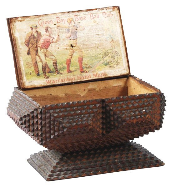 Baseball Themed Tramp Art Cigar Box.: 1900 to 1910. Very unique and rare. Beautiful box with Green Bay Baseball Club label on inside. Size: 10" L.
