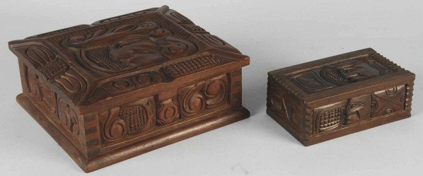 Lot of 2: Carved Honduras Mayan Humidors.: Circa 1970. Size: Largest: 4" x 10 - 1/4" x 9 - 1/2".