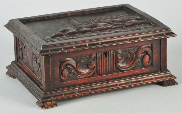Carved Jose Piedra el Morro Castle Humidor.: 1940s. Wonderful hardwood Cuban humidor. Size: 4 - 1/2" x 10 - 1/2" x 8".