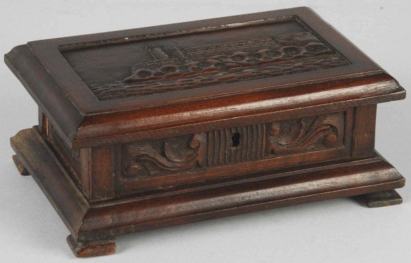 Carved Morro Castle Humidor.: Cuban. 1940s. Beautiful carving. Size: 3 - 1/2" x 8 - 1/4" x 5 - 1/4".
